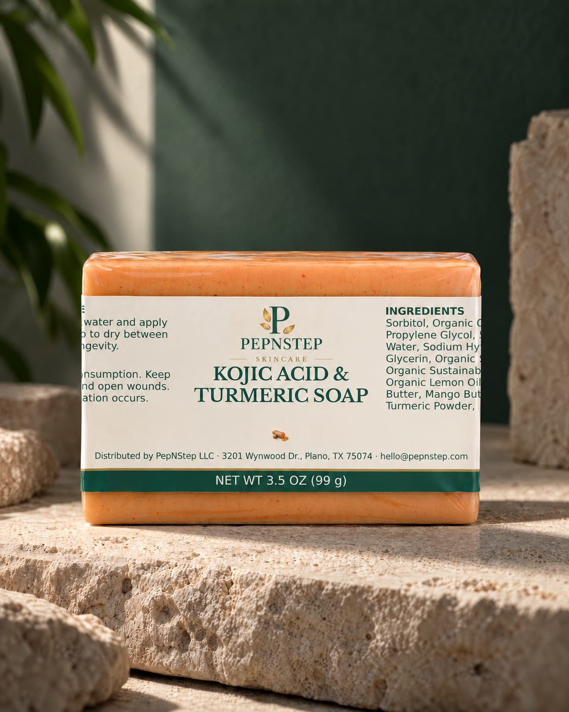 PepNStep Kojic Acid & Turmeric Soap — editorial product portrait
